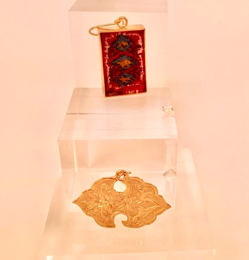 Silk road- Hand chased golden earings adorned with  silk persian carpet 
