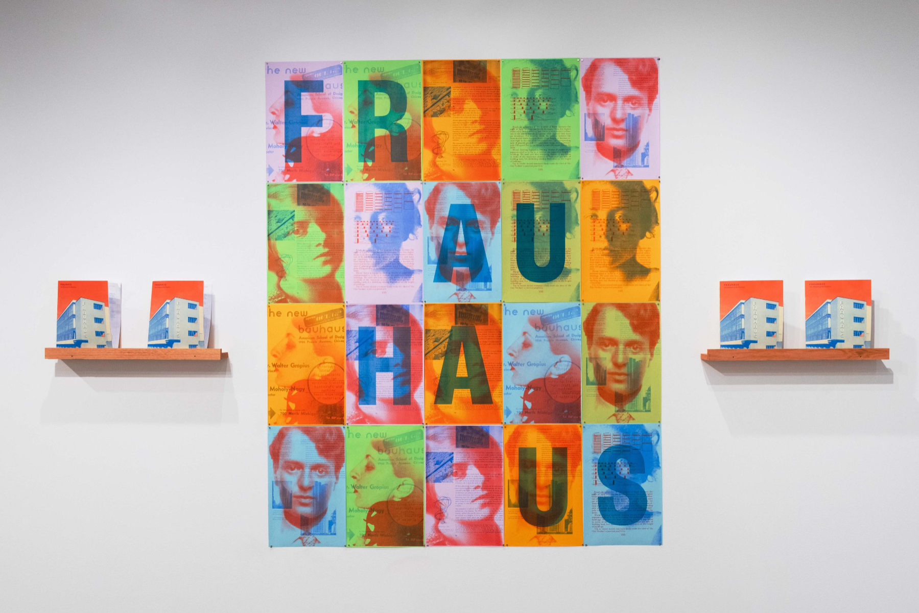 Frauhaus, The Women of the Bauhaus— BFA spring 2023 exhibition installation, School of the art institute of Chicago. (series of 20 11x17" risogrposters, alongside