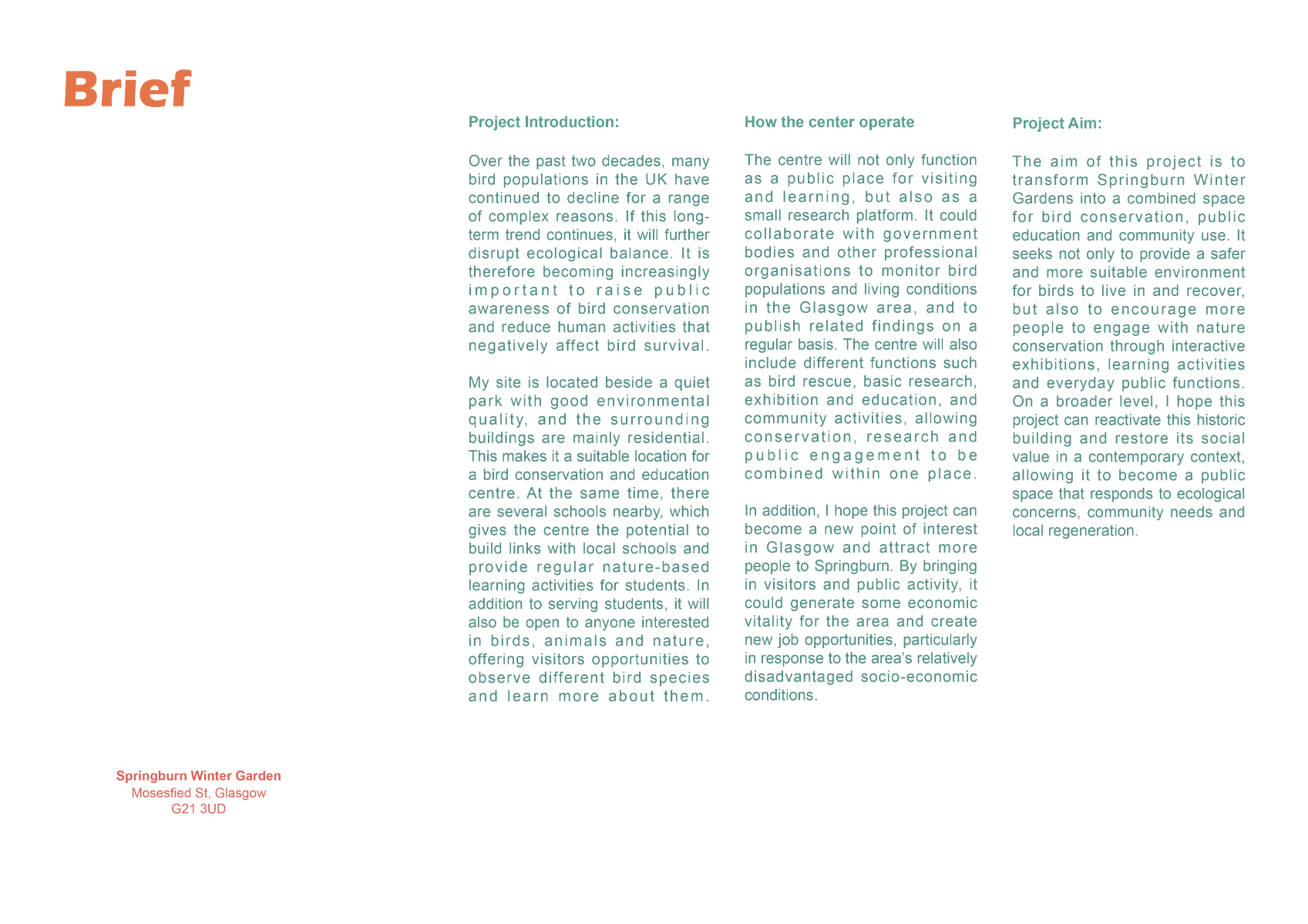 Springburn Bird Conservation Centre, portfolio item 3